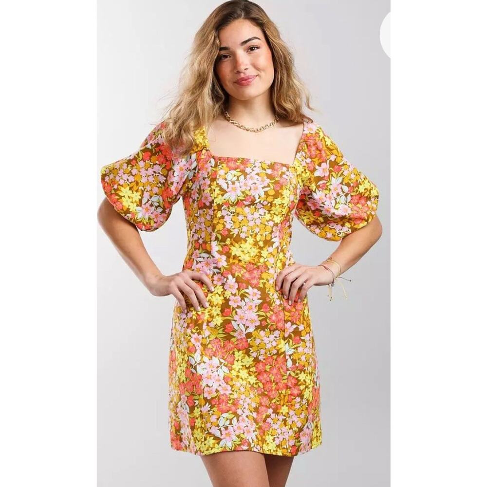 Billabong Paradise Floral Mini Dress Off Shoulder Puff Sleeve Size Medium